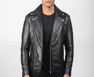 Veste moto en cuir véritable noir pour homme, col rabattu, fermeture éclair, coupe ajustée, longueur normale, pour l'automne - Product Image 1