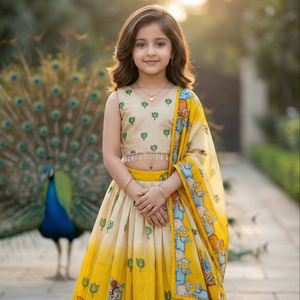 Conjunto de Lehenga Choli para Niñas, Estilo Étnico, Completamente Cosido, Largo hasta el Suelo, con Estampado Kalamkari, Top Corto y Falda, Ropa Tradicional India - Product Image 1