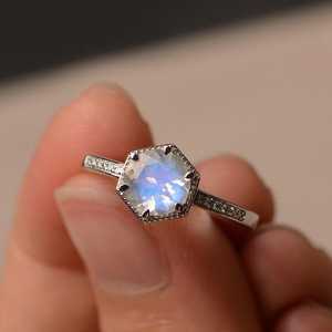 Natural Moonstone <b>Ring</b> Round Cut Gemstone <b>Ring</b> Octagon Sterling Silver June Birthstone Jewelry Gift Women - Product Image 1