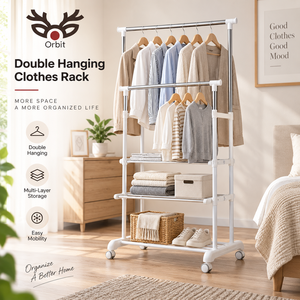 Porte-vêtements à roulettes robuste Orbit, double réglage, en métal blanc, avec tiroirs de rangement et étagère - Product Image 4