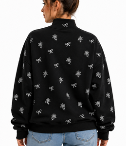 Sweat-shirt à capuche noir à col montant avec motif brodé en forme de nœud pour femme, streetwear décontracté - Product Image 3