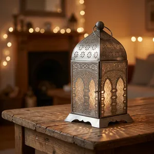 Lanterne artisanale de style marocain en fer et verre, avec découpes florales et panneaux cintrés, pour la décoration intérieure - Product Image 1