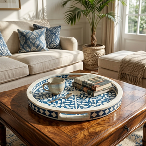 Large Handcrafted Wood Inlay Modern Abstract Pattern Wedding Round Decorative Tray with Integrated Handles - Product Image 2
