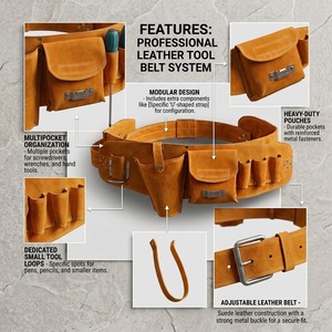 Système de ceinture porte-outils en cuir grainé robuste personnalisable, multi-poches, modulaire, pour charpentiers et électriciens - Product Image 2