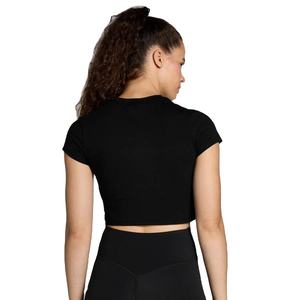 Haut court noir à manches courtes pour femme, col rond, tricoté, couleur unie, style minimaliste, coupe ajustée, à porter en toutes saisons - Product Image 2