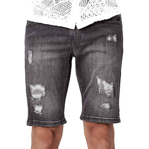 Shorts en jean déchirés pour hommes, coupe slim, gris délavé, décontractés d'été, en coton, longueur genou - Product Image 4