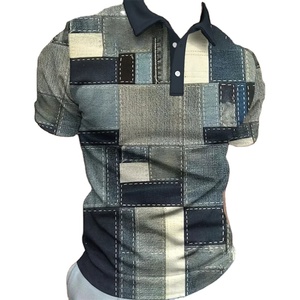 Camiseta de retazos de trapo con estampado 3D Retro para hombre, camiseta de manga corta holgada con botones informales de verano - Product Image 1