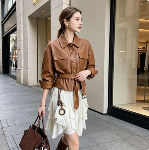 <b>Women's</b> <b>Brown</b> PU <b>Leather</b> Safari <b>Jacket</b> Three Quarter Sleeve Turn-down Collar Belted Utility Style Autumn Wear - Product Image 3
