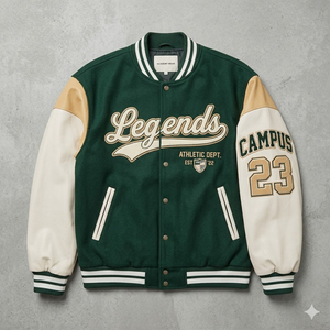 Veste universitaire verte crème pour homme, manches en cuir PU, veste de style campus brodée, streetwear preppy, veste décontractée d'automne - Product Image 1