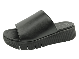 Sandales plates à plateforme en cuir véritable noir, bout ouvert, semelle épaisse, style slip-on, chaussures plates d'été - Product Image 3