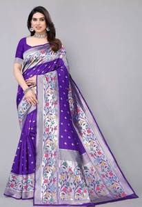 Purple Silk Saree With Floral Embroidery Border Traditional Indian Wedding Wear for Women Regular Fit <b>Floor</b> Length - Product Image 1
