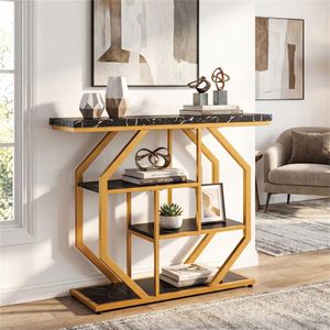 Consolle moderna a 4 ripiani da 99,75 cm con finitura nero-oro e piano in finto marmo per soggiorno o ingresso - Product Image 2