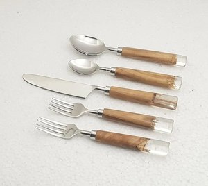 Ensemble de couverts en acier inoxydable avec manche en bois et résine, style moderne, cuillère, fourchette, couteau, vaisselle de camping - Product Image 6