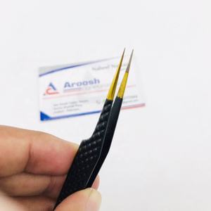 คีมหนีบขนตาปลอมสำหรับต่อขนตาแบบตรงทำจากสแตนเลสสตีลสีดำทองไฟเบอร์โปร - Product Image 1