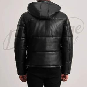 Veste en cuir matelassée noire pour homme avec capuche amovible, manteau d'hiver chaud et rembourré, veste de motard décontractée et tendance pour l'extérieur - Product Image 3