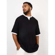 Men’s 2-in-1 Layered T-<b>Shirt</b> | Black <b>Waffle</b> Knit Oversized Tee | Urban Streetwear Double Hem Short Sleeve Top with Notch Neck - Product Image 3