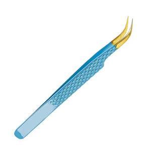 Precision Gold-Plated <b>Eyelash</b> Tweezers with Smooth Tip and Blue Textured Grip for Accurate <b>Application</b> - Product Image 1