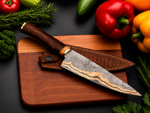 Couteau de chef professionnel LEGACY BLADES en acier damas cuivré, manche en bois d'olivier, forgé à la main, ambidextre, couteau de cuisine moderne - Product Image 2