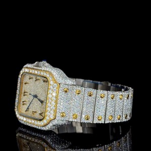 Yellow <b>Gold</b> Diamond <b>Watch</b> <b>Rectangle</b> Case Sapphire Crystal Analog Dial Quartz Movement ETA 30mm - Product Image 2