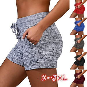 Shorts tricotés à taille haute avec cordon de serrage et poches pour femmes, vêtements de sport décontractés et respirants, gris chiné - Product Image 6