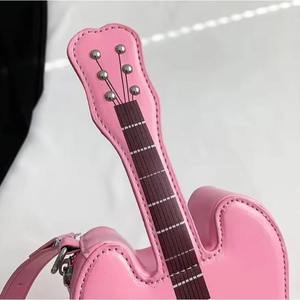 Pink Embossed <b>Leather</b> <b>Guitar</b> Shape Crossbody Bag with Adjustable <b>Strap</b> - Product Image 2