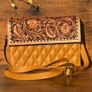 Vente en gros de sacs à bandoulière à rabat en treillis de diamant en cuir véritable matelassé usiné à la main sacs à bandoulière à fleurs de l'ouest pour femmes - Product Image 3