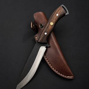 Cuchillo de caza de hoja fija Black Smith 1987 DIY, acero con alto contenido de carbono, para acampar al aire libre, supervivencia, bushcraft, mango de madera, funda de cuero - Product Image 1