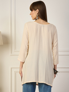 Women's Beige Viscose <b>Kurta</b> with Embroidered Neck and Side Details Loose Fit Midi Length Casual <b>Indian</b> Ethnic Wear - Product Image 5