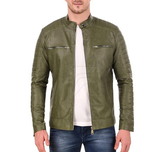 Blouson moto homme en cuir PU vert olive, col montant, fermeture éclair, coupe ajustée, longueur standard, pour l'automne - Product Image 1