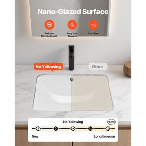 Lavabo Rettangolare in Ceramica Bianca da Incasso 20.28 X 15.16 Pollici con Foro per Troppopieno, Montaggio a Incasso nel Piano - Product Image 3