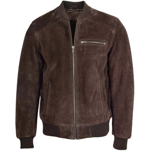 <b>Men's</b> Brown <b>Suede</b> Bomber <b>Jacket</b> Stand Collar Zipper Closure Casual Autumn Wear Regular Fit Solid Color - Product Image 1