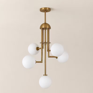 Lustre globe en laiton 5 lumières, style Sputnik vertical, éclairage de plafond moderne du milieu du siècle avec verre opale, luminaire décoratif d'intérieur - Product Image 5
