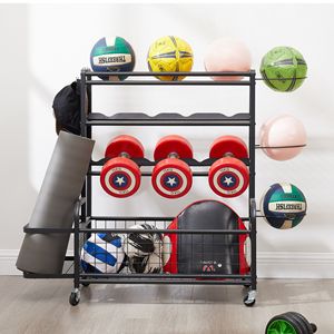 Organizzatore Metallico a 4 Livelli con Ruote per Attrezzature Sportive, Tappetini Yoga, Palloni Grandi, Panche e Scaffali - Product Image 2