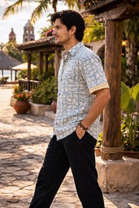 Premium Handcrafted Men’s Block Print Cotton <b>Half</b> Sleeve <b>Shirt</b> Geometric Border Embroidery Stylish Classic Fit <b>Button</b>-Down <b>Shirt</b> - Product Image 5
