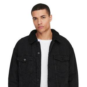 Veste en jean noire pour homme avec doublure en sherpa Coupe classique Fermeture à boutons Style décontracté Vêtement d'automne - Product Image 6