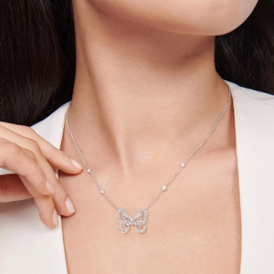 Collier pendentif papillon pour femme en argent 925 plaqué rhodium avec diamant taille marquise, bijou de luxe pour soirée, chaîne maille gourmette - Product Image 2