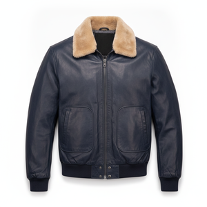 Men's Navy Blue <b>Genuine</b> Leather Bomber Jacket With Faux Fur Collar Zipper Closure Winter Windproof Moto Style - Product Image 1