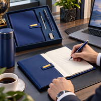 Carnet de notes professionnel personnalisé avec logo, format A5/B5, en cuir bleu avec étiquette métallique