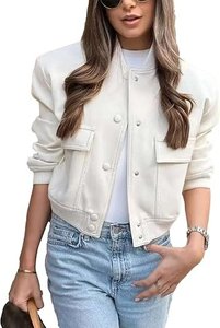 Women's Solid Color Varsity <b>Jacket</b> Full Sleeve Stand Collar <b>Patch</b> Pocket Short Length Autumn Wear - Product Image 4