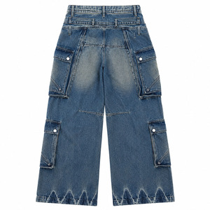 Pantalon cargo en jean ample pour homme avec logo personnalisé, style vintage délavé bleu, multi-poches, vêtements de travail, usine OEM ODM - Product Image 2