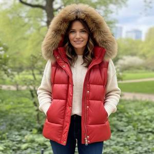 Gilet matelassé en cuir d'agneau véritable pour femme, col à capuche, haute qualité, hiver, capuche amovible, couleur naturelle, fourrure de renard véritable tricotée - Product Image 4