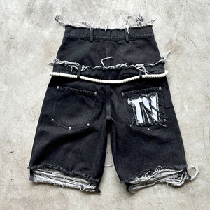 Fabricant de shorts en jean personnalisés, coupe baggy, avec cordon de serrage, déchirés, à strass, style charpentier, cargo, double taille, jorts, effet usé - Product Image 2
