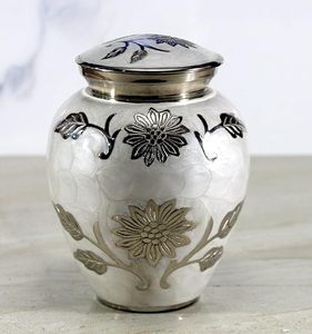Handcrafted Silver Finish Floral Keepsake Urn with Lid Decorative Metal Storage <b>Jar</b> for Home Decor Ashes Memory Keepsake - Product Image 1