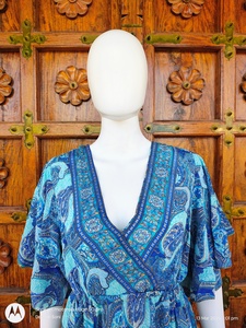 Robe longue vintage ample à volants pour femme, col en V, manches flottantes, en soie, pour l'été, la plage, décontractée, tissée naturellement, ODM - Product Image 5