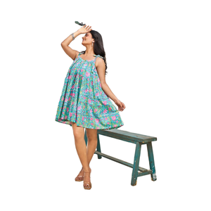 Vestido de verano con estampado de bloques de algodón indio hecho a mano bohemio corto sin mangas traje de invitado de boda nueva moda regalo nupcial frente personalizado - Product Image 1