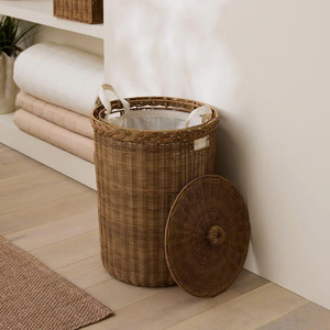 Panier en rotin élégant pour la maison, pour le linge, les couvertures et le rangement domestique, panier de rangement rond avec couvercle en osier naturel - Product Image 3
