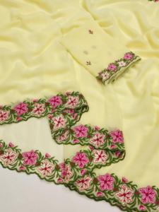 Sari Tradicional Indio de Seda Blanca con Bordado y Tela Arrugada, con Borde de Trabajo de Mano, para Mujer, Ideal para Bodas, Fiestas y Eventos, Última Moda - Product Image 4