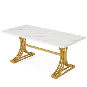Classic Rectangular Coffee <b>Table</b> with Luxurious <b>White</b> Faux Marble Top and Gold Metal Trestle Frame for Living Room Center Decor - Product Image 1
