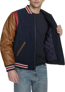 <b>Men's</b> Navy Varsity <b>Jacket</b> With <b>Leather</b> Sleeves Embroidered C Logo Zipper Closure Preppy Style Autumn Wear - Product Image 3