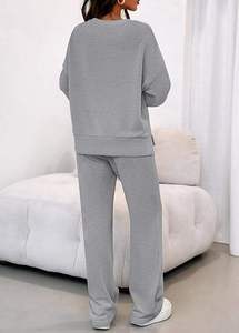 TAYUMA INDUSTRIES Grey Women's Casual Joggers Pants Set Regular Fit Drawstring Waist Full Length Solid Color Knitted Cotton - Product Image 3